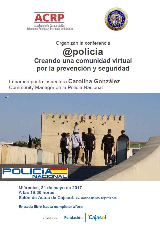 Cartel de la conferencia de la community manager de @policia en la Fundación Cajasol (Córdoba)