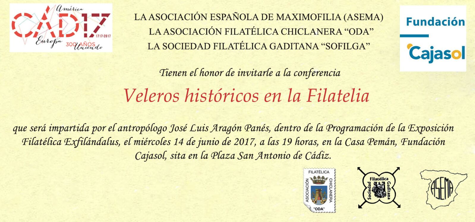 Invitación para la conferencia de José Luis Aragón sobre Filatelia en la Fundación Cajasol (Cádiz)