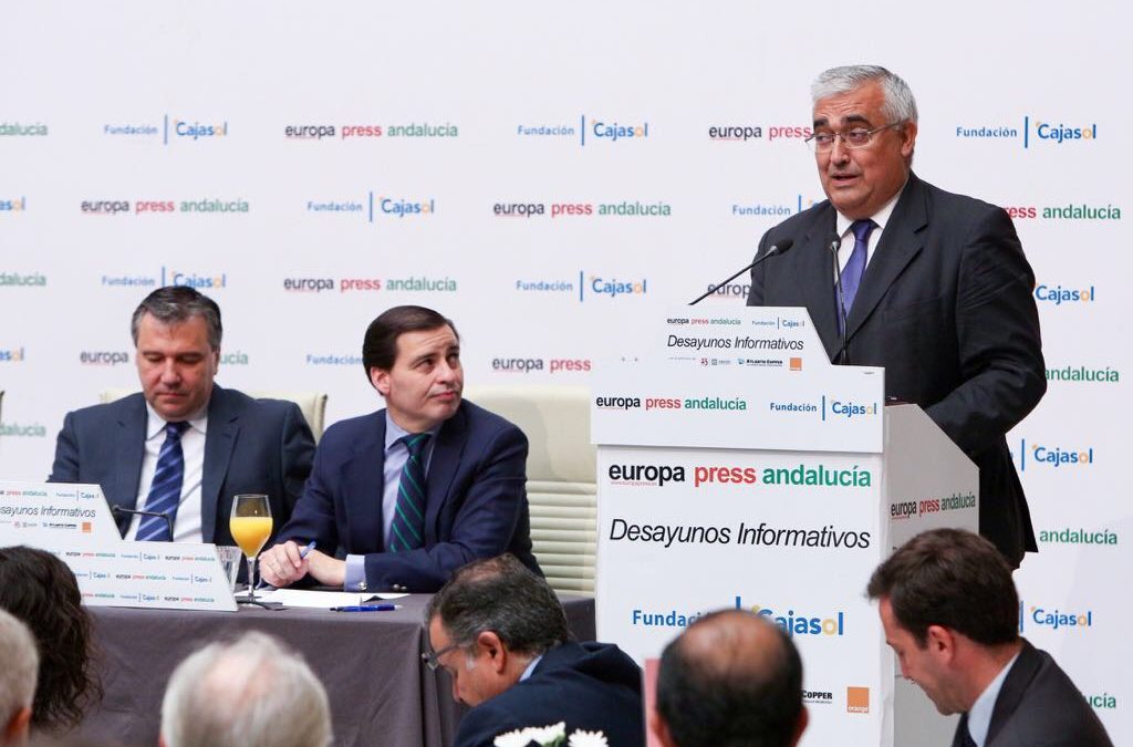 Antonio Ramírez de Arellano, durante su intervención en los Desayunos de Europa Press desde la Fundación Cajasol