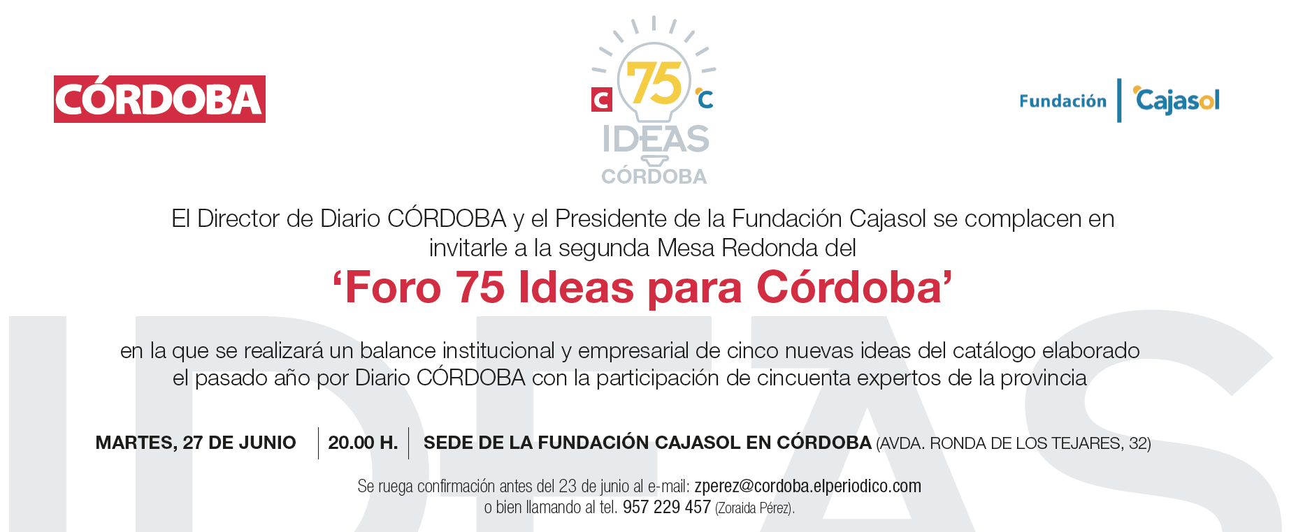 Invitación a la segunda mesa redonda del Foro '75 ideas para Córdoba'