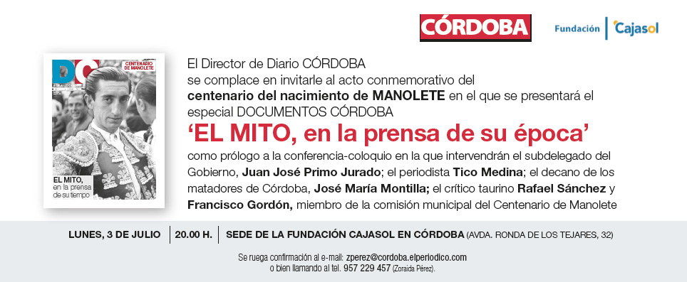 Invitación para el acto de conmemoración del centenario de la muerte de Manolete en la Fundación Cajasol