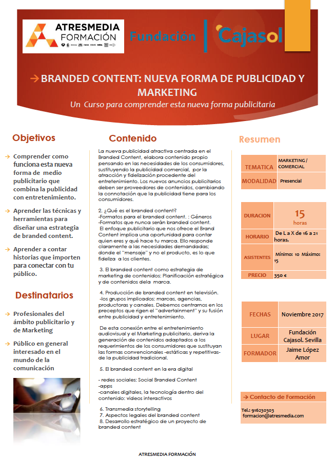 Información sobre curso de branded content de Atresmedia Formación