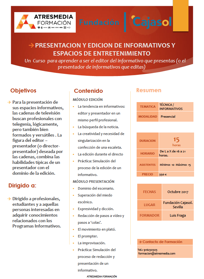 Información sobre curso de presentación y edición de informativos de Atresmedia Formación
