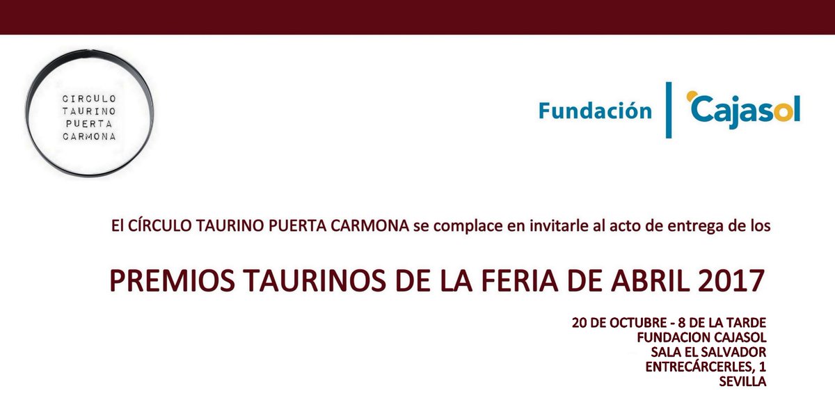 Invitación a la entrega de los Premios Círculo Taurino Puerta Carmona