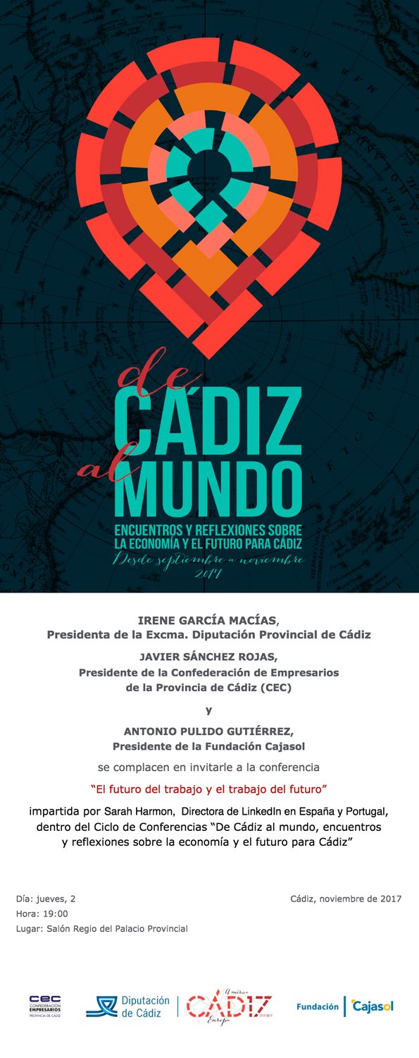 Cartel de la conferencia de Sara Harmon en el ciclo 'De Cádiz al Mundo'