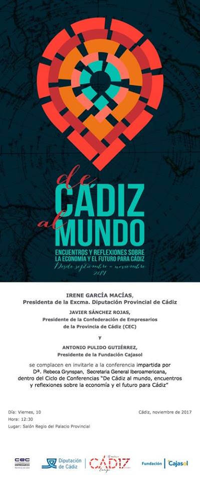 Cartel de la conferencia de Rebeca Grynspan en el ciclo 'De Cádiz al Mundo'