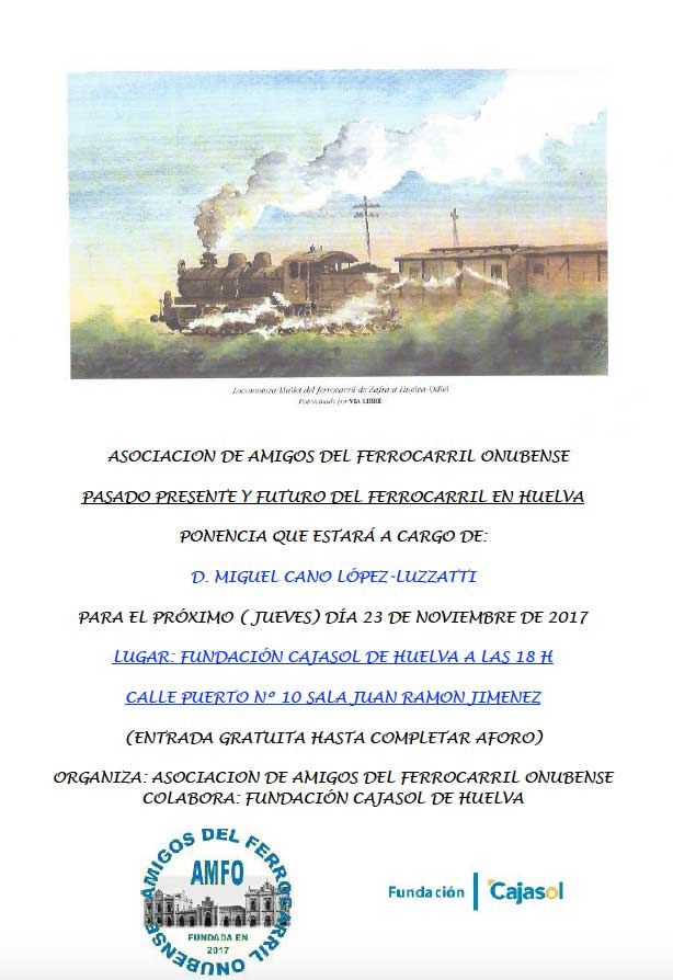 Cartel de la conferencia organizada por la Asociación de Amigos del Ferrocarril Onubense en la Fundación Cajasol