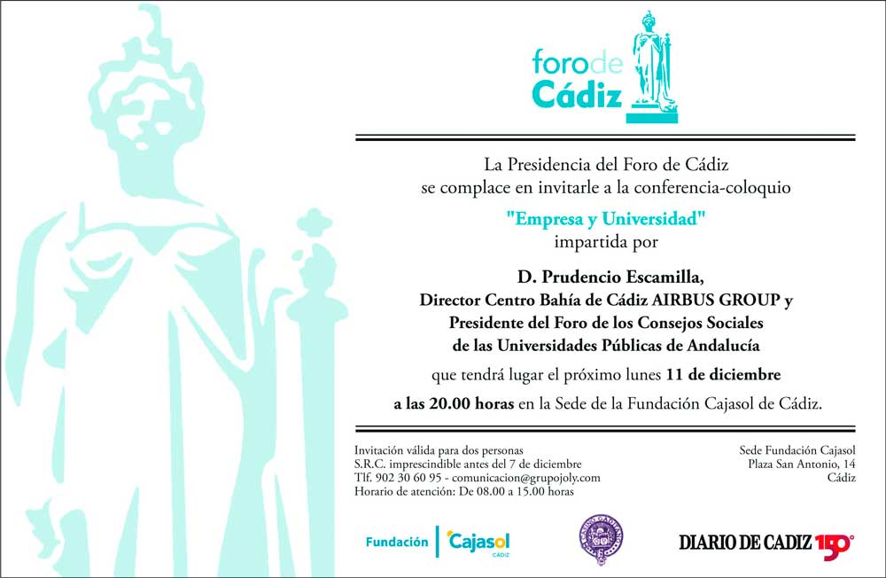Invitación para el Foro de Cádiz con intervención de Prudencio Escamilla