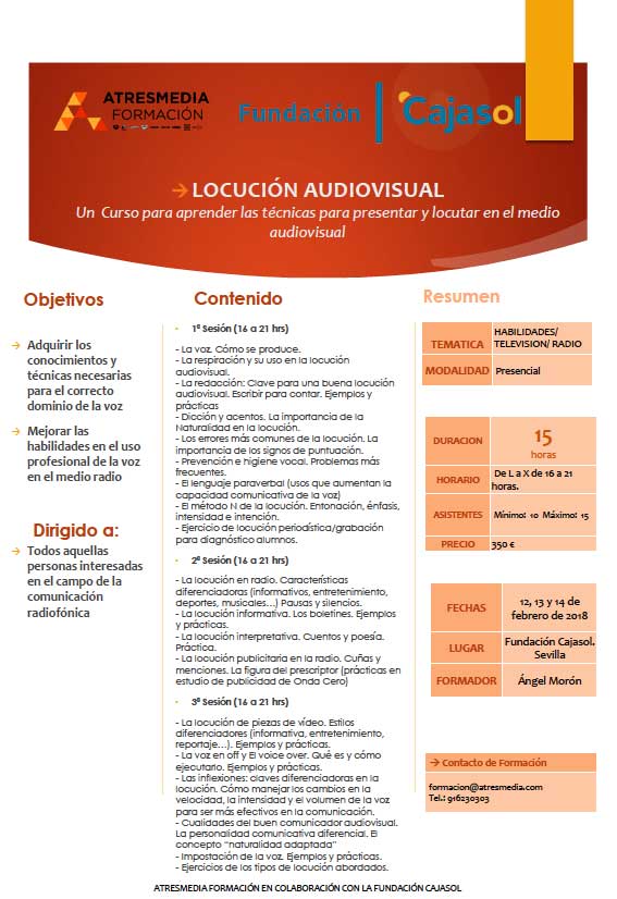 Ficha del curso de Locución Audiovisual de Atresmedia Formación en la Fundación Cajasol