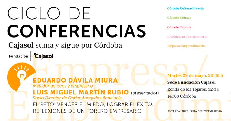 Invitación a la conferencia 'Cajasol suma y sigue por Córdoba' con Eduardo Dávila Miura