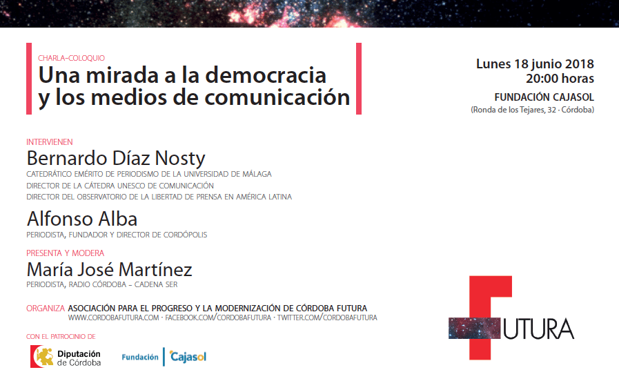 Invitación a la charla coloquio de Córdoba Futura sobre democracia y medios de comunicación