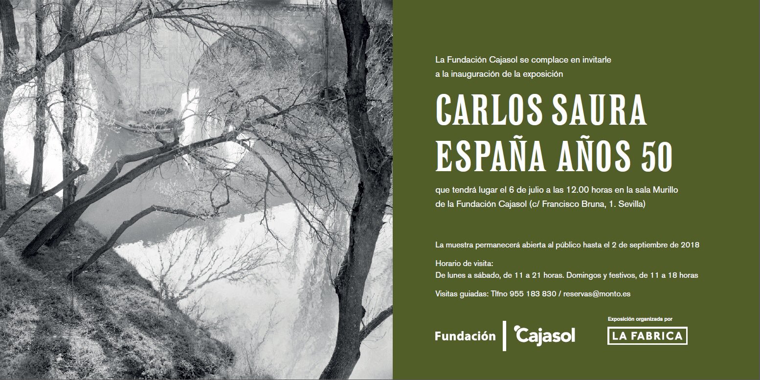 Invitación a la exposición 'Carlos Saura. España años 50' en la Sala Murillo de la Fundación Cajasol en Sevilla