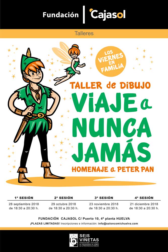 Cartel del taller de dibujo 'Viaje a nunca jamás' en la sede de la Fundación Cajasol en Huelva