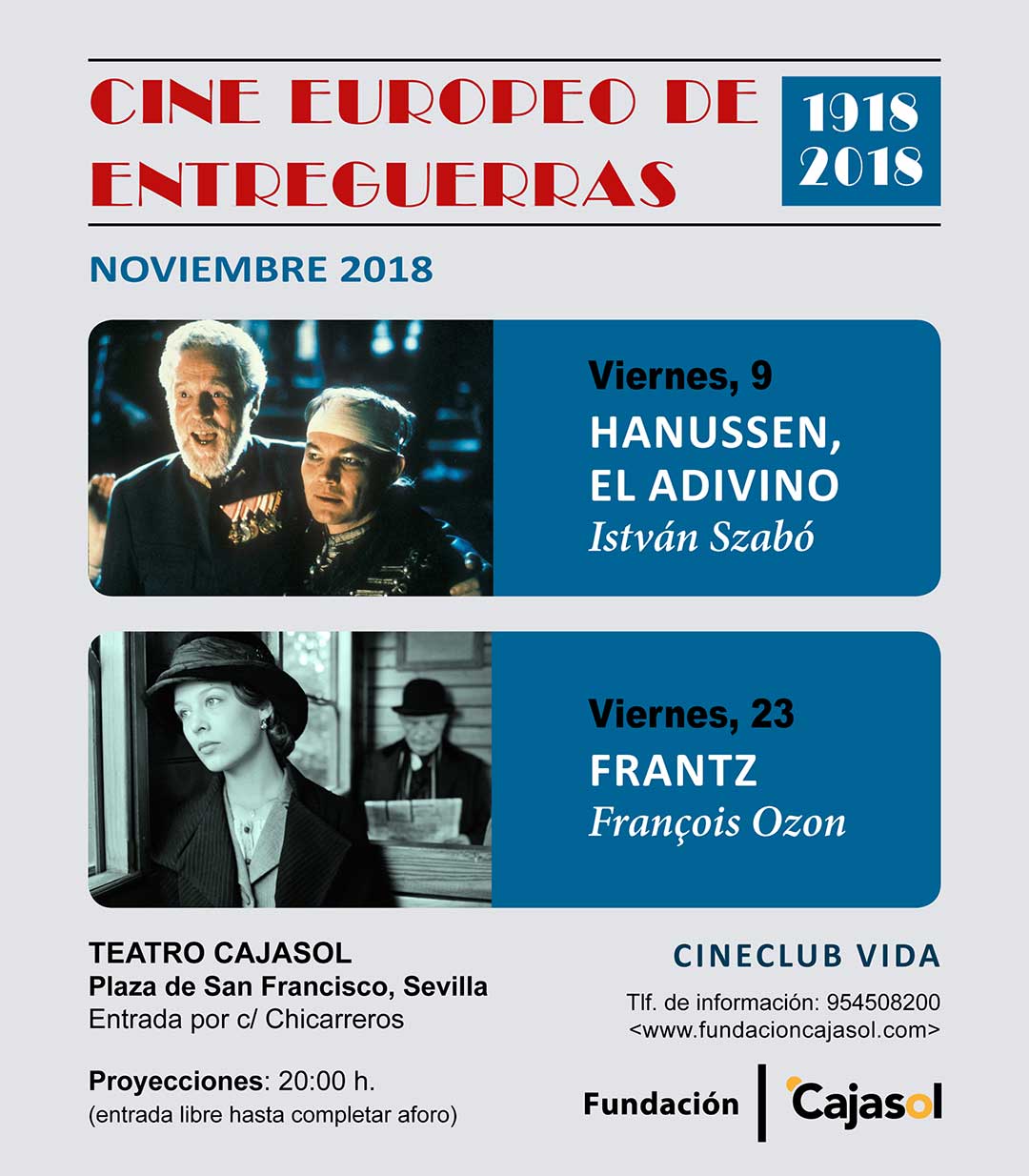 Cartel del cine-club de noviembre 2018 en la Fundación Cajasol: Cine Europeo de Entreguerras