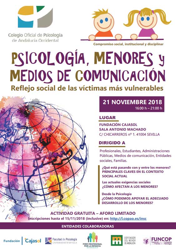 Cartel de las jornadas 'Psicologías, menores y medios de comunicación' en Sevilla