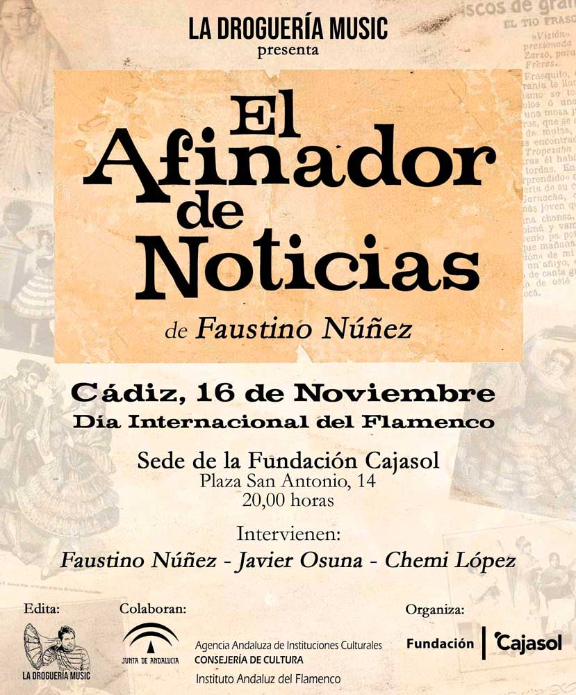 Cartel de la presentación del libro 'El afinador de noticias', de Faustino Núñez, en Cádiz
