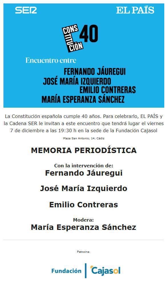 Cartel de los Encuentros Radio Cádiz sobre el 40 aniversario de la Constitución hablando sobre memoria periodística