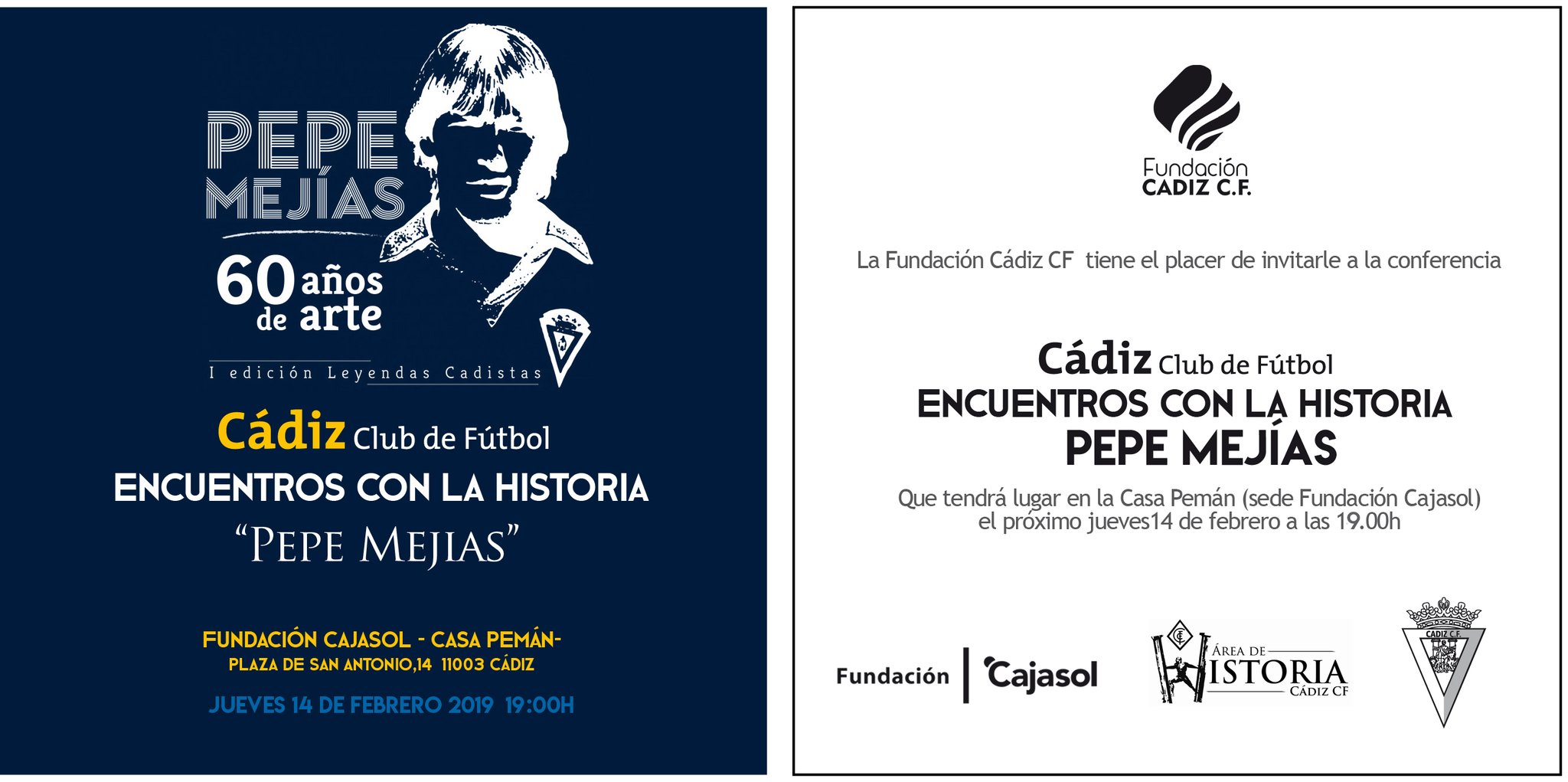 Cartel del encuentro con Leyendas del Cádiz: Pepe Mejías en la Fundación Cajasol