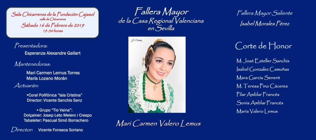 Cartel de la Exaltación de la Fallera Mayor 2019 en la Casa Regional Valenciana en Sevilla