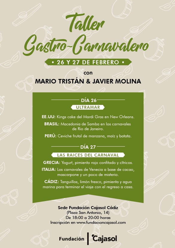 Cartel del taller Gastro Carnavalero 2019 en la sede de la Fundación Cajasol en Cádiz