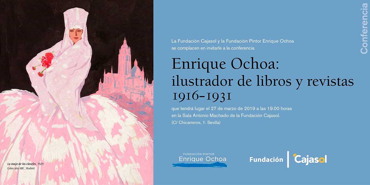 Invitación a la conferencia coloquio 'Enrique Ochoa: Ilustrador de libros y revistas' en Sevilla