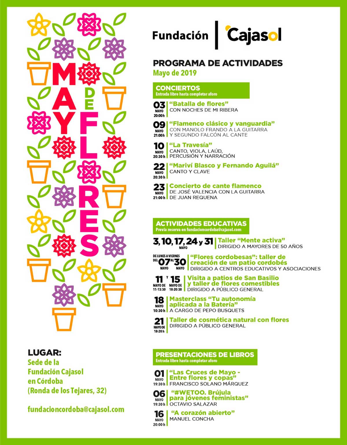 Agenda de actividades previstas en mayo de 2019 en la Fundación Cajasol (Córdoba)