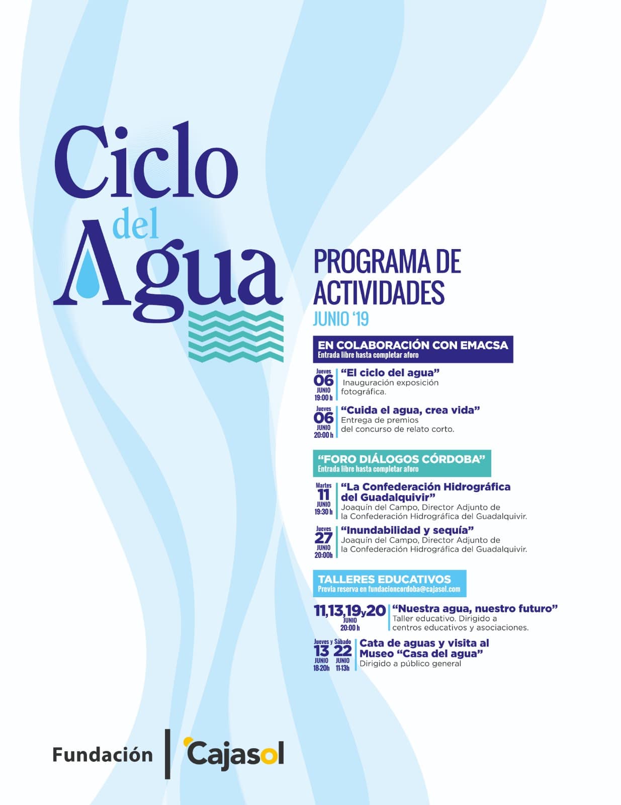 Cartel con actividades dentro del Ciclo del Agua en Córdoba 2019