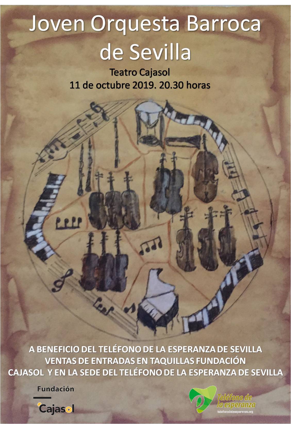 Cartel del concierto de la Joven Orquesta Barroca de Sevilla a beneficio del Teléfono de la Esperanza en la Fundación Cajasol