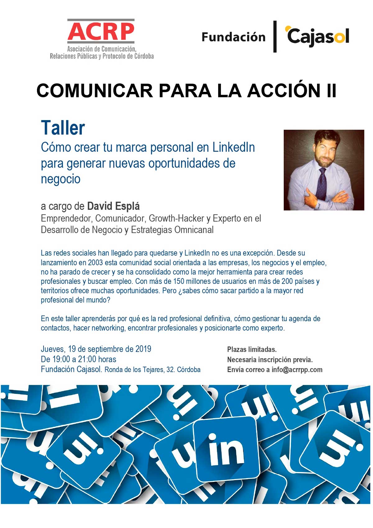 Cartel del taller sobre LinkedIn en comunicar para la acción II desde Córdoba
