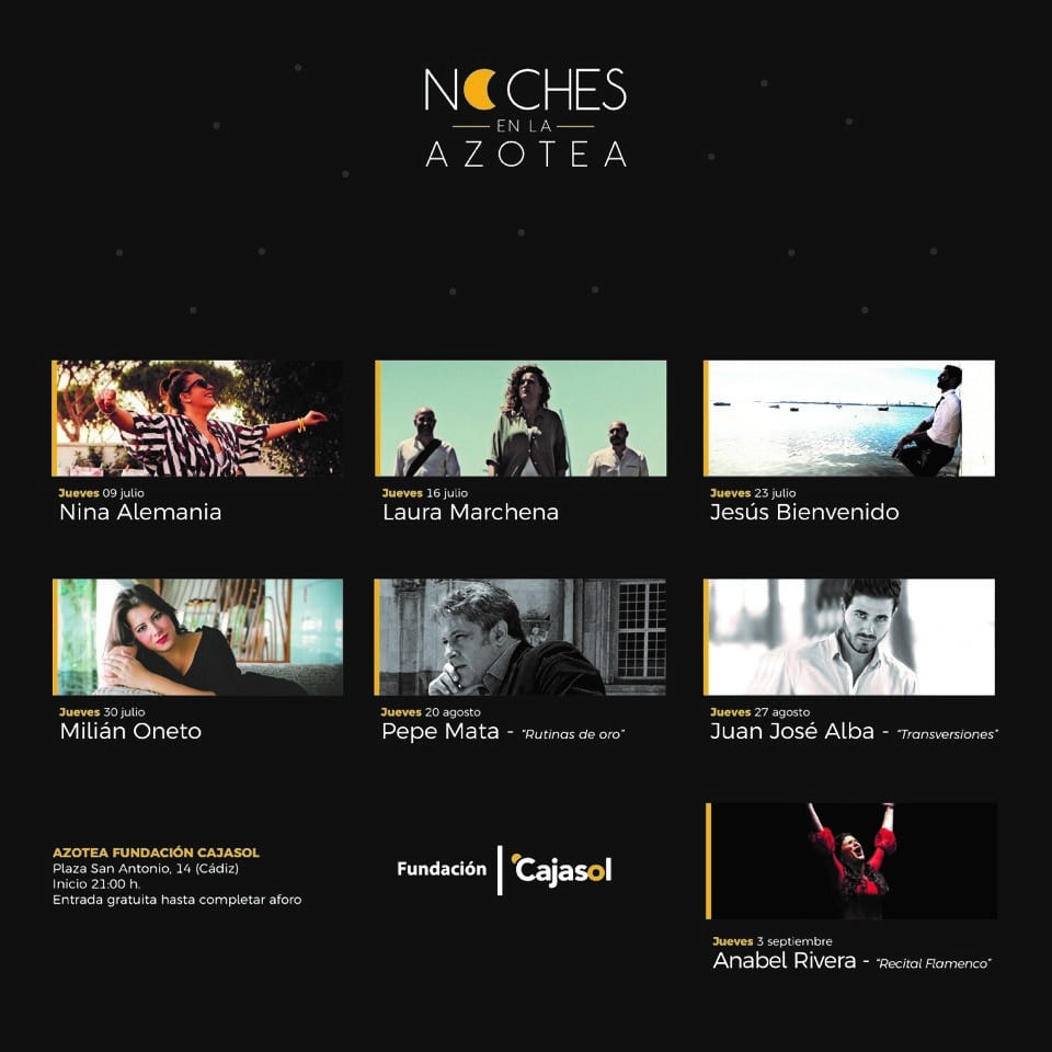 Cartel del ciclo 'Noches en la Azotea' 2020 en la sede de la Fundación Cajasol en Cádiz