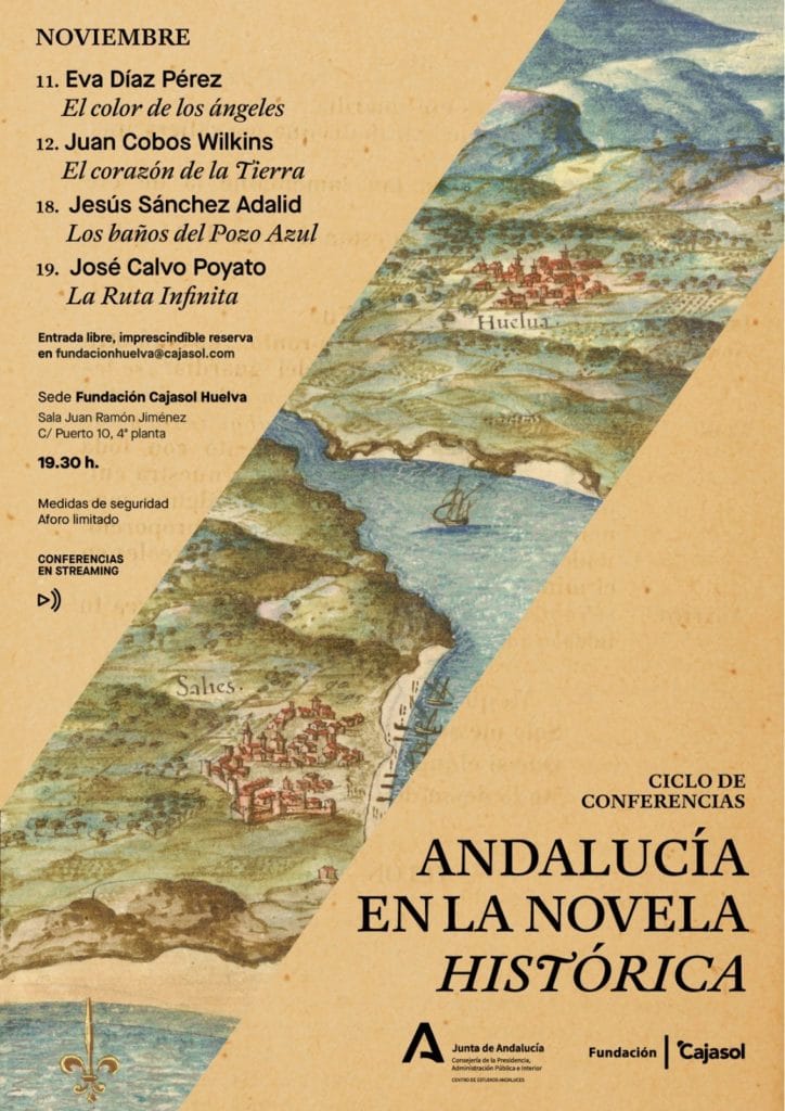 Cartel de las jornadas de novela histórica en la sede de la Fundación Cajasol en Huelva