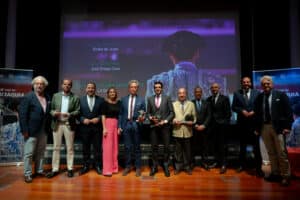Ortega Cano, Emilio de Justo y Álvaro Martínez Conradi, ganadería La Quinta, han recogido en la Fundación Cajasol en Sevilla los Premios Carrusel Taurino 2022.