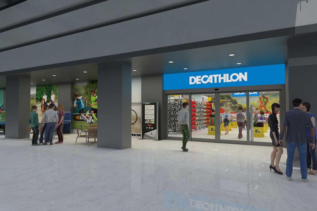 Montaje de cómo quedaría la tienda de Decathlon en el Edificio Villasís de Sevilla